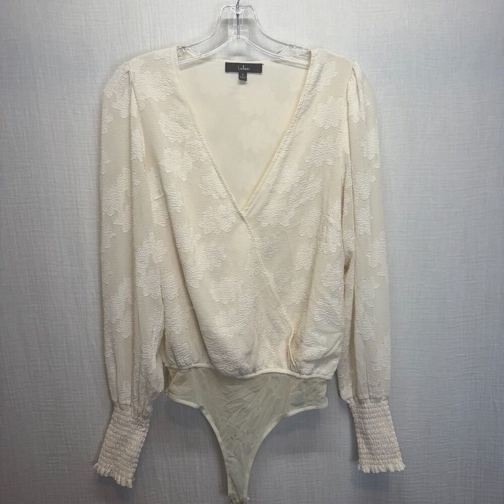 Lulus Blouse Bodysuit Women's Sz S Cream Floral Long Sleeve V-Neck Cottagecore